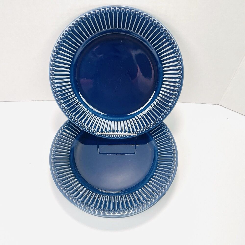 Set of 4 IKEA Strimmig Cobalt Navy Blue Ribbed Rim 8.25” Salad Plates 12011
